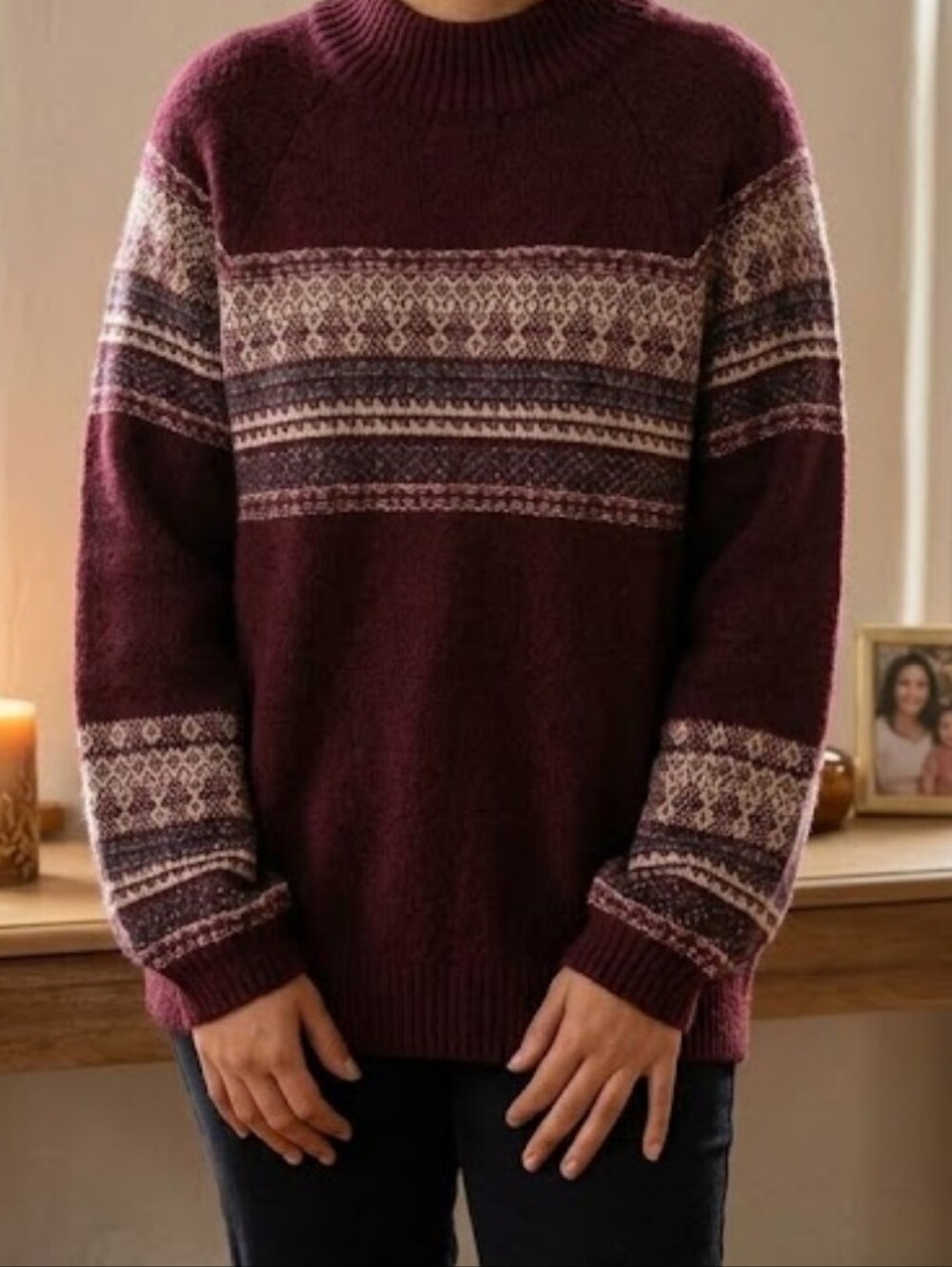 Democracy Burgundy Fair Isle Crewneck Sweater